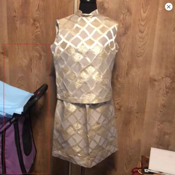 60s MOD |  Brocade 2 Pc Set | L | American Vintage | Silver / Gold / Taupe | EVC - Picture 1 of 7